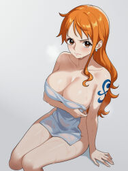 1girl absurdres arm_tattoo bare_shoulders breasts brown_eyes cleavage closed_mouth collarbone covering_breasts covering_privates earrings grey_background highres holding holding_towel jewelry kagara large_breasts long_hair looking_at_viewer naked_towel nami_(one_piece) one_piece orange_hair pearl_earrings simple_background sitting solo tattoo thighs towel v-shaped_eyebrows wavy_hair wet wet_towel