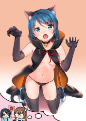 Rule 34 | 3girls, :&lt;, :o, absurdres, animal ears, areola slip, bell, black cape, black choker, black gloves, black legwear, black panties, blue eyes, blue footwear, blue hair, blush, breasts, brown hair, cape, cat ears, cat girl, cat tail, chibi, chibi inset, choker, claw pose, claws, commentary request, copyright request, cross, elbow gloves, fang, glasses, gloves, gluteal fold, gradient background, high heels, highres, holding, holding sign, jakelian, jingle bell, kneeling, looking at viewer, mole, mole under eye, multiple girls, navel, opaque glasses, open mouth, panties, pink background, red ribbon, ribbon, short hair, sign, skin fang, small breasts, solo focus, stomach, swept bangs, tail, thighhighs, thought bubble, underboob, underwear