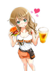 Rule 34 | 1girl, absurdres, alcohol, beer, blush, brown hair, fd375575, feet out of frame, food, food on face, green eyes, heart, highres, hooters, lettuce, long hair, looking at viewer, orange shorts, original, outline, print tank top, shorts, simple background, solo, tank top, tomato, tomato slice, white background, white outline, white tank top