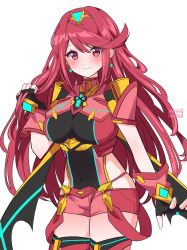 Rule 34 | 1girl, alternate hair length, alternate hairstyle, black gloves, breasts, chest jewel, dangle earrings, earrings, fingerless gloves, gem, gloves, headpiece, highres, jewelry, kotohatoko510, large breasts, pyra (xenoblade), red eyes, red hair, red shorts, short shorts, shorts, solo, swept bangs, thighhighs, tiara, xenoblade chronicles (series), xenoblade chronicles 2