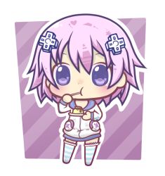 Rule 34 | 10s, 1girl, blush, chibi, d-pad, eating, female focus, food, hair ornament, hood, hoodie, karin usami, looking at viewer, neptune (neptunia), neptune (series), plate, pudding, purple eyes, purple hair, short hair, solo, spoon, striped clothes, striped thighhighs, thighhighs, utensil in mouth
