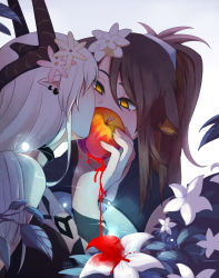 Rule 34 | 2girls, animal ears, apple, arknights, artist name, black choker, black horns, blood, blood on flower, blue background, brown hair, choker, commentary, dated, ear piercing, english commentary, eyebrows hidden by hair, flower, folinic (arknights), folinic (lasting arrowroot) (arknights), food, fruit, gradient background, hair flower, hair ornament, highres, horns, leaf, long hair, looking at another, mudrock (arknights), mudrock (silent night) (arknights), multiple girls, object kiss, official alternate costume, piercing, pointy ears, ponytail, sihzari, upper body, white background, white flower, white hair, yellow eyes, yellow pupils, yuri