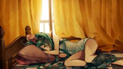 Rule 34 | 1girl, aqua eyes, aqua hair, bad id, bad pixiv id, bed, bedroom, clothes pull, curtains, hatsune miku, indoors, long hair, lying, necktie, on side, pillow, skirt, skirt pull, solo, tsukioka tsukiho, twintails, vocaloid