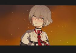 Rule 34 | 1girl, blush, commentary, embers, english commentary, girls&#039; frontline, grey hair, hair between eyes, highres, inapple, letterboxed, looking to the side, necktie, orange background, shirt, short hair, smile, solo, upper body, vector (girls&#039; frontline), white shirt, yellow eyes