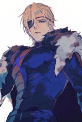 Rule 34 | 1boy, armor, black armor, black cape, blonde hair, blue eyes, breastplate, cape, closed mouth, dimitri alexandre blaiddyd, eyepatch, fire emblem, fire emblem: three houses, fur trim, hair between eyes, highres, looking at viewer, looking down, male focus, medium hair, nintendo, one eye covered, sangzhujun, simple background, solo, spoilers, standing, swept bangs, upper body, white background