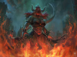 Rule 34 | 1girl, abs, armlet, arms at sides, artist logo, bandeau, bare legs, bare shoulders, bowsette, bracelet, breasts, breath weapon, breathing fire, brooch, claws, cleavage, collar, covered erect nipples, crown, dark-skinned female, dark skin, fire, floating hair, giga bowser, glowing, glowing eyes, highres, horns, huge breasts, jewelry, long hair, looking at viewer, mario (series), monster girl, muscular, muscular female, navel, new super mario bros. u deluxe, night, nintendo, open mouth, outdoors, panties, red eyes, red hair, sharp teeth, smoke, solo, spiked armlet, spiked bracelet, spiked collar, spiked tail, spikes, standing, stomach, super smash bros., tail, teeth, underwear