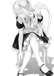 Rule 34 | 1girl, animal ears, apron, artist name, bow, cat ears, cat girl, chair, commentary, dress, feiqizi (fkey), fkey, frilled dress, frills, full body, greyscale, leaning forward, looking down, maid, mary janes, monochrome, original, pantyhose, ponytail, reaching, shoes, short sleeves, sidelocks, simple background, sitting, solo, symbol-only commentary, white background