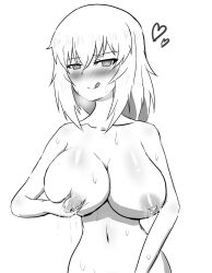Rule 34 | 1girl, blush, breasts, breasts squeezed together, cleavage, cube (huidama), girls und panzer, grabbing own breast, itsumi erika, lactation, large breasts, looking at viewer, monochrome, nipples, nude, solo, sweat, tongue, tongue out
