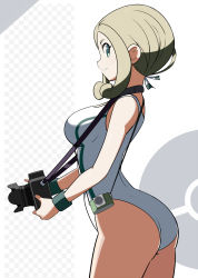 Rule 34 | 1girl, arched back, ass, blonde hair, breasts, camera, commentary request, competition swimsuit, cowboy shot, creatures (company), eyelashes, game freak, green eyes, green wristband, highres, holding, holding camera, looking at viewer, looking to the side, medium breasts, nintendo, one-piece swimsuit, parted lips, pokemon, pokemon xy, profile, sakuraidai, sidelocks, solo, swimsuit, viola (pokemon), wristband
