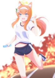 Rule 34 | 1girl, absurdres, animal ear fluff, animal ears, blue archive, blue eyes, blurry, blush, bow, cat ears, cat girl, commentary request, depth of field, explosion, flower, gym shirt, gym uniform, hair between eyes, hair bow, hair flower, hair ornament, hair ribbon, hairband, halo, highres, holding, holding stick, long hair, looking at viewer, low twintails, mari (blue archive), mari (track) (blue archive), midriff, navel, official alternate costume, orange hair, ribbon, running, shirt, short sleeves, sidelocks, simple background, solo, stick, sweatdrop, twintails, yasutarou