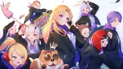 6+girls absurdres akai_haato aki_rosenthal anya_melfissa bilingual_commentary black_jacket blonde_hair brown_hair delinger dog hair_slicked_back hakos_baelz hakui_koyori hand_in_pocket headphones highres hololive hololive_english hololive_grand_theft_auto hololive_indonesia hood hooded_jacket hoodie jacket long_sleeves looking_at_viewer mixed-language_commentary multiple_girls nakiri_ayame nanashi_mumei nemu_iine purple_eyes purple_hair purple_hoodie tokoyami_towa usada_pekora virtual_youtuber