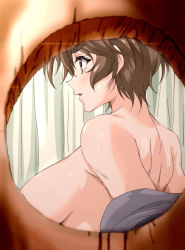 Rule 34 | 1girl, back, bare shoulders, blurry, breasts, brown eyes, brown hair, curtains, depth of field, eyebrows, eyelashes, from behind, from side, hair between eyes, indoors, kosokosomaru (higashi taishi), large breasts, no bra, original, parted lips, peeking, peephole, profile, short eyebrows, short hair, shoulder blades, solo, thick eyebrows, undressing, upper body