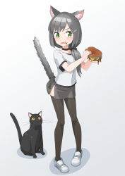 Rule 34 | 1girl, absurdres, animal ears, black cat, black choker, blush, brown thighhighs, burger, cat, cat ears, cat tail, choker, dripping, fish hair ornament, food, food on face, green eyes, grey hair, hair ornament, hair over shoulder, hair scrunchie, hairclip, highres, holding, holding food, mao lian (nekokao), miniskirt, open mouth, original, panties, panty straps, pigeon-toed, scrunchie, shirt, shoes, short sleeves, side slit, simple background, skirt, solo, tail, tail raised, tearing up, tears, thighhighs, underwear, white background, white footwear, white panties, white shirt