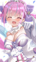 Rule 34 | 1girl, aqua gemstone, bare shoulders, blush, bow, breasts, cleavage, closed eyes, detached collar, dress, drill hair, earrings, gloves, hair bow, happy tears, heart, heart earrings, highres, hololive, jewelry, lips, looking at viewer, medium breasts, minato aqua, minato aqua (aqua iro super dream), mizuno kurage, multicolored hair, open mouth, pinky out, purple bow, purple hair, simple background, smile, solo, tearing up, tears, tiara, twin drills, twintails, two-tone hair, virtual youtuber, white background, white dress, white gloves