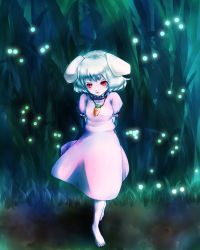 Rule 34 | 1girl, albino, alternate hair color, animal ears, arms behind back, bamboo, bamboo forest, barefoot, blue hair, carrot necklace, dress, expressionless, fireflies, forest, highres, inaba tewi, jewelry, lips, looking at viewer, nature, necklace, night, outdoors, pendant, pink dress, puffy short sleeves, puffy sleeves, rabbit ears, red eyes, sakuya (sa ku yan), short hair, short sleeves, solo, touhou
