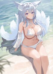 Rule 34 | 1girl, animal ear fluff, animal ears, arm rest, azur lane, beach, bikini, blue eyes, breasts, cleavage, closed mouth, detached sleeves, fox ears, fox tail, highres, kitsune, large breasts, long hair, looking at viewer, mole, mole under eye, natsuki (natsu 1936), navel, official alternate costume, outdoors, sand, see-through, see-through sleeves, shinano (azur lane), shinano (dreamy white sands) (azur lane), sitting, smile, solo, stomach, swimsuit, tail, water, white bikini, white hair, white tail