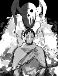 Rule 34 | 1boy, ahoge, apios, bad id, bad pixiv id, beard, black background, blood, capelet, closed mouth, facial hair, greyscale, half-closed eyes, happy, highres, horns, looking at viewer, made in abyss, male focus, monochrome, monster, scar, scar on face, short hair, simple background, sketch, smile, standing, upper body, wazukyan, wazukyan (human)