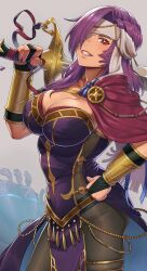 1girl aduti_momoyama breasts capelet cleavage clenched_hand eyepatch fingerless_gloves fire_emblem fire_emblem:_akaneia_saga fire_emblem:_new_mystery_of_the_emblem fire_emblem_heroes gloves grin hand_on_own_hip highres holding holding_sword holding_weapon large_breasts long_hair looking_at_viewer malice_(fire_emblem) malice_(jehanna)_(fire_emblem) nintendo official_alternate_costume purple_hair red_capelet red_eyes smile sword weapon