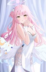 Rule 34 | 1girl, absurdres, aki uzuki3, angel wings, bare shoulders, blue archive, blush, breasts, cleavage, commentary request, dress, feathered wings, flower, hair bun, hair flower, hair ornament, halo, highleg, highres, large breasts, long hair, looking at viewer, low wings, mika (blue archive), open mouth, pink hair, pink halo, single side bun, sleeveless, sleeveless dress, solo, strapless, strapless dress, white dress, white wings, wing ornament, wings, yellow eyes
