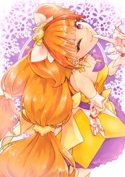 Rule 34 | 1girl, ;), amanogawa kirara, bare shoulders, cure twinkle, earrings, gloves, go! princess precure, hand on own hip, highres, jewelry, long hair, looking at viewer, magical girl, one eye closed, orange hair, pink eyes, precure, smile, solo, star-shaped pupils, star (symbol), star earrings, symbol-shaped pupils, toyosaka, twintails, white gloves