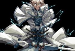 Rule 34 | 1boy, angry, belt, black background, blonde hair, blue eyes, clenched teeth, commentary, dong hole, english commentary, fingerless gloves, gloves, glowing, glowing eyes, guilty gear, guilty gear x, guilty gear xx, highres, holding, holding weapon, ky kiske, lightning, male focus, short hair, simple background, sword, teeth, weapon