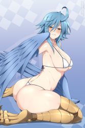 Rule 34 | 1girl, aged up, ahoge, alternate breast size, ass, bare shoulders, bikini, bird legs, blue background, blue hair, blue wings, blush, breasts, feathered wings, feathers, hair between eyes, harpy, highleg, highleg bikini, highres, large breasts, lindaroze, looking at viewer, mature female, medium hair, midriff, monster girl, monster musume no iru nichijou, paid reward available, papi (monster musume), parted lips, patreon username, solo, swimsuit, talons, thick thighs, thighs, thong bikini, twitter username, white bikini, winged arms, wings, yellow eyes