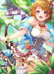 Rule 34 | 1girl, artist request, bare shoulders, blue dress, bokura wa ima no naka de, brown hair, dress, flower, gloves, highres, jewelry, key, koizumi hanayo, looking at viewer, love live!, love live! school idol project, purple eyes, red flower, red ribbon, ribbon, rose (flower), short hair, smile, solo, white gloves