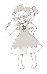Rule 34 | 1girl, barefoot, bow, carrying over shoulder, cirno, comic, commentary request, daikon, dress, full body, greyscale, grin, hair bow, hand on own hip, looking at viewer, monochrome, no wings, pinafore dress, puffy short sleeves, puffy sleeves, radish, shirt, short hair, short sleeves, sleeveless dress, smile, solo, standing, tako (plastic protein), touhou, white background