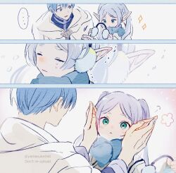 Rule 34 | 1boy, 1girl, :3, aqua eyes, blue eyes, blue scarf, blush, cape, closed eyes, closed mouth, frieren, hands on another&#039;s ears, himmel (sousou no frieren), long hair, pointy ears, scarf, smile, sousou no frieren, twintails, very long hair, white cape, white hair, yamasuke040