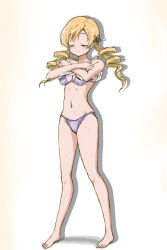 Rule 34 | 1girl, barefoot, bikini, blonde hair, breasts, cleavage, closed eyes, commentary request, drill hair, full body, gradient background, hair ornament, hairpin, kinfuji, large breasts, mahou shoujo madoka magica, mahou shoujo madoka magica (anime), purple bikini, solo, swimsuit, tank top, tomoe mami, twin drills, undressing, white background