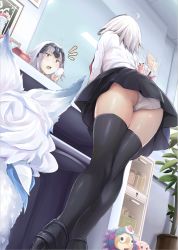 Rule 34 | 1girl, ahoge, akita hika, applying makeup, ass, bad id, bad twitter id, bent over, black thighhighs, fate/grand order, fate (series), flower pot, fou (fate), from below, gilles de rais (caster) (fate), headpiece, helmet, highres, indoors, jeanne d&#039;arc (fate), jeanne d&#039;arc alter (avenger) (fate), jeanne d&#039;arc alter (fate), kirby, kirby (series), leaning forward, makeup, miniskirt, mirror, nintendo, panties, pantyshot, plant, potted plant, reflection, skirt, thighhighs, underwear, upskirt, white hair, white panties, yellow eyes