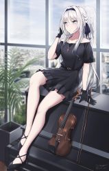 Rule 34 | 1girl, an-94 (girls&#039; frontline), arm at side, bare legs, bare shoulders, belt, black dress, black footwear, black gloves, black hairband, black ribbon, blue eyes, blush, braid, cityscape, closed mouth, cloud, cloudy sky, collarbone, commentary, day, dress, full body, girls&#039; frontline, gloves, hair ribbon, hairband, hand in own hair, hand up, high heels, highres, indoors, instrument, knee up, long hair, looking away, looking to the side, off-shoulder dress, off shoulder, parted bangs, piano, plant, potted plant, reflection, ribbon, scenery, short sleeves, side braid, signature, sitting, sky, solo, twitter username, violin, white hair, window, yp7 (vvy)
