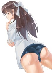 Rule 34 | 10s, 1girl, arai kogane, ass, brave witches, brown eyes, brown hair, finger to own chin, from behind, hair ribbon, highres, karibuchi takami, long hair, looking at viewer, matching hair/eyes, military, military uniform, naval uniform, one-piece swimsuit, ribbon, school swimsuit, smile, solo, swimsuit, swimsuit under clothes, uniform, world witches series