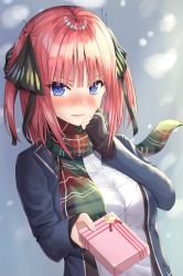 Rule 34 | 1girl, black cardigan, black ribbon, blazer, blue background, blue eyes, blue jacket, blunt bangs, blush, box, breasts, butterfly hair ornament, cardigan, commentary request, gift, gift box, go-toubun no hanayome, hair ornament, hair ribbon, highres, holding, holding clothes, holding gift, holding scarf, incoming gift, jacket, large breasts, long sleeves, looking at viewer, nakano nino, nervous smile, nose blush, nyaa28, open cardigan, open clothes, open jacket, open mouth, pink hair, plaid, plaid scarf, ribbon, scarf, shirt, sidelocks, sleeves past wrists, smile, snowing, solo, standing, two side up, upper body, valentine, white shirt