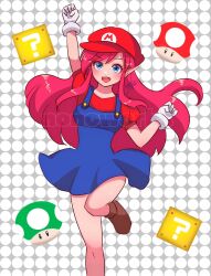 Rule 34 | 1-up mushroom, 1girl, ? block, artist name, blue eyes, blue overalls, blush, breasts, brown footwear, buttons, commentary, cosplay, cowboy shot, dot nose, english commentary, floating clothes, floating hair, gloves, hat, highres, link (shounen captain), long hair, looking at viewer, mario, mario (cosplay), mario (series), nintendo, nonoworks, open mouth, overall skirt, overalls, pink hair, puffy short sleeves, puffy sleeves, red hat, red shirt, shiny skin, shirt, shoes, short sleeves, sidelocks, signature, small breasts, smile, solo, standing, standing on one leg, super mushroom, the legend of zelda, very long hair, watermark, white gloves