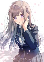 Rule 34 | 1girl, :o, arm behind back, black jacket, blazer, blurry, blurry background, blush, bow, bowtie, breasts, brown hair, commentary request, depth of field, dot nose, falling petals, grey bow, grey bowtie, grey skirt, hanako151, hand in own hair, hand up, highres, jacket, lapels, large breasts, leaning forward, long hair, long sleeves, looking at viewer, notched lapels, open mouth, original, petals, plaid, plaid bow, plaid bowtie, plaid skirt, pleated skirt, purple eyes, raised eyebrows, school uniform, shirt, sidelocks, signature, skirt, solo, surprised, swept bangs, thick eyelashes, white shirt