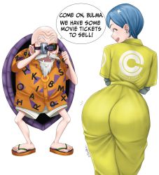 Rule 34 | 1boy, 1girl, anger vein, artist name, ass, bald, blood, blue eyes, blue hair, bodysuit, bulma, camcorder, capsule corp, dismaiden, dragon ball, dragon ball super, dragon ball super super hero, earrings, english text, closed eyes, facial hair, from behind, glasses, highres, huge ass, jewelry, jumpsuit, mature female, missing tooth, mustache, muten roushi, nosebleed, old, old man, open mouth, orange shirt, recording, sandals, shirt, short hair, simple background, speech bubble, video camera, white background, white beard, white facial hair, white mustache, wide hips, yellow bodysuit