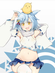 Rule 34 | 1girl, animal, animal ears, animal on head, azur lane, beathell, bird, blue hair, chick, chick on head, cowboy shot, detached sleeves, closed eyes, fang, fox ears, fox tail, fubuki (azur lane), on head, open mouth, panties, pleated skirt, scarf, short hair, simple background, single thighhigh, skirt, smile, solo, tail, thighhighs, underwear, white panties, white scarf, white thighhighs, yellow eyes