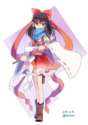 Rule 34 | 1girl, 2014, adapted costume, amano kenpi, artist name, belt, boots, brown hair, dated, detached sleeves, full body, gohei, hair ornament, hair ribbon, hair tubes, hakurei reimu, headband, highres, japanese clothes, long hair, long sleeves, md5 mismatch, miko, open mouth, red eyes, resized, ribbon, scarf, shirt, simple background, skirt, skirt set, solo, touhou, vest, wide sleeves