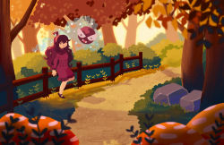 Rule 34 | 1girl, ahoge, alternate color, closed eyes, closed mouth, creatures (company), day, dress, fence, forest, game freak, gastly, gen 1 pokemon, grass, hairband, hex maniac (pokemon), highres, long hair, long sleeves, mixed-language commentary, nail polish, nature, nintendo, outdoors, pokemon, pokemon (creature), pokemon xy, purple dress, sayonararolling, shiny pokemon, shoes, smile, tree