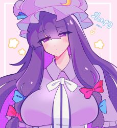 Rule 34 | ..., 1girl, blue bow, blunt bangs, blush, bow, bowtie, breasts, closed mouth, collared shirt, crescent, crescent hat ornament, dress, english text, half-closed eyes, hat, hat ornament, highres, large breasts, long hair, looking at viewer, mob cap, ochacolle, patchouli knowledge, pink background, purple eyes, purple hair, purple hat, purple stripes, red bow, ribbon, shirt, sidelocks, simple background, sleepy, solo, striped clothes, striped dress, touhou, upper body, white bow, white bowtie, white dress