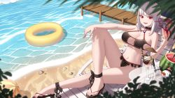 Rule 34 | 1girl, :d, absurdres, bare arms, bare shoulders, beach, bikini, bintz, black bikini, black choker, breasts, caustics, chair, choker, cleavage, commission, criss-cross halter, food, frilled bikini, frills, fruit, halterneck, highres, holding, innertube, knee up, large breasts, long hair, looking at viewer, lounge chair, navel, open mouth, original, parfait, red eyes, sandals, smile, solo, stomach, string bikini, swim ring, swimsuit, thighs, water, watermelon, white hair