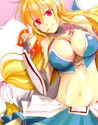 Rule 34 | :&gt;, angel wings, astraea (sora no otoshimono), between breasts, blonde hair, breasts, cleavage, long hair, navel, no bra, red eyes, skirt, sora no otoshimono, twintails, wings
