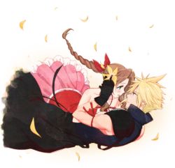 Rule 34 | 1boy, 1girl, aerith gainsborough, arm ribbon, bad id, bad pixiv id, black gloves, black skirt, blonde hair, blue eyes, blue sweater, brown hair, cloud strife, collarbone, couple, eye contact, final fantasy, final fantasy vii, floating hair, flower, gloves, green eyes, hair flower, hair ornament, hair tubes, hetero, kingdom hearts, krudears, layered skirt, long hair, looking at another, open mouth, pink skirt, red ribbon, red shirt, ribbed sweater, ribbon, shirt, skirt, sleeveless, sleeveless shirt, sleeveless sweater, spiked hair, square enix, sweater, turtleneck, turtleneck sweater, very long hair, white background, yellow flower