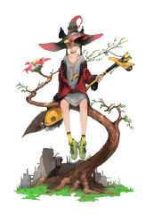Rule 34 | 1girl, belt, broom, broom riding, brown eyes, commentary, earbuds, earphones, flower, grass, green footwear, hat, hat ornament, in tree, jacket, looking at viewer, mechanical broom, original, outdoors, pink hair, rear-view mirror, red jacket, ruins, shirt, shoelaces, shoes, simple background, sitting, socks, somehira katsu, t-shirt, tree, twintails, white background, witch, witch hat, yellow socks