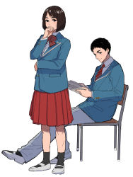 Rule 34 | 1boy, 1girl, absurdres, amasawa kento, amasawa kyouko, arm across waist, arm around waist, black hair, black legwear, blazer, blue jacket, book, bow, bowtie, brother and sister, brown hair, buttons, chair, collared shirt, commentary, covered mouth, full body, grey pants, hand up, highres, holding, holding book, jacket, looking at viewer, lost judgment, necktie, open book, pants, pleated skirt, raised eyebrow, red neckwear, red skirt, school chair, school uniform, shadow, shirt, short hair, siblings, simple background, sitting, sixiland, skirt, very short hair, white background, white footwear, white shirt