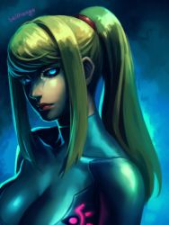 Rule 34 | 1girl, bellhenge, black sclera, blonde hair, blue eyes, bodysuit, breasts, cleavage, collarbone, colored sclera, corruption, eyelashes, female focus, glowing, glowing eyes, highres, large breasts, lips, long hair, looking at viewer, md5 mismatch, metroid, neon trim, nintendo, nose, ponytail, resized, resolution mismatch, samus aran, scrunchie, skin tight, solo, source smaller, upper body, upscaled, zero suit