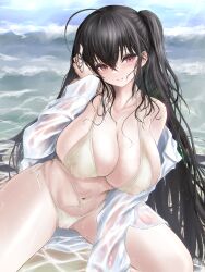 Rule 34 | absurdres, azur lane, beach, bikini, bikini under clothes, black hair, breasts, cleavage, collared shirt, day, hand on own face, hand on own head, highres, large breasts, long hair, navel, noa (skae3323), ocean, open clothes, open shirt, red eyes, see-through, shirt, side ponytail, swimsuit, taihou (azur lane), taihou (seaside daydreams) (azur lane), waves, wet, wet clothes, white bikini, white shirt