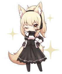 Rule 34 | 1girl, animal ear fluff, animal ears, arknights, armor, black dress, black footwear, black gloves, blonde hair, blush, boots, breastplate, chibi, commentary request, dress, full body, gloves, headphones, highres, horse ears, kinakonato, long hair, looking at viewer, nearl (arknights), one eye closed, ponytail, shoulder armor, simple background, solo, standing, white background, yellow eyes