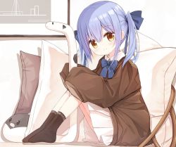 Rule 34 | 1girl, black socks, blue bow, blue hair, bow, brown eyes, brown sweater, ciela (yuuhagi (amaretto-no-natsu)), closed mouth, collared shirt, commentary request, full body, hair between eyes, hair bow, hands up, holding, holding stuffed toy, knees up, long hair, long sleeves, no shoes, original, pillow, pleated skirt, puffy long sleeves, puffy sleeves, shirt, sitting, skirt, sleeves past fingers, sleeves past wrists, smile, socks, solo, stuffed animal, stuffed toy, sweater, twintails, white shirt, white skirt, wide sleeves, yuuhagi (amaretto-no-natsu)